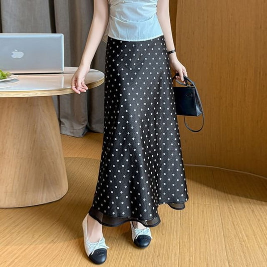 Mid Rise Dotted Slit Maxi A-Line Skirt