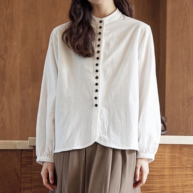Band Collar Button-Up Blouse with Long Sleeves
