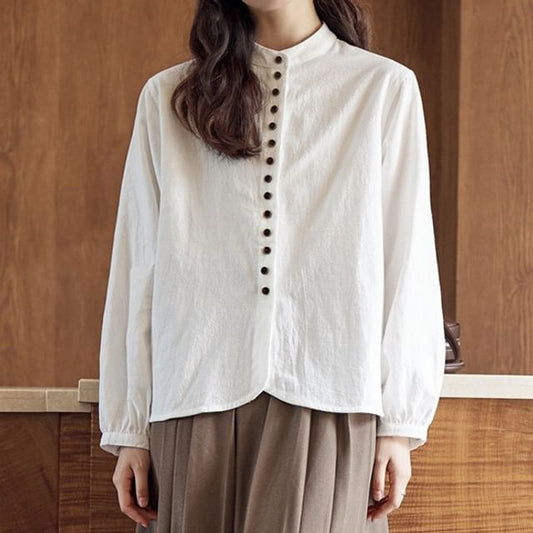 Band Collar Button-Up Blouse with Long Sleeves