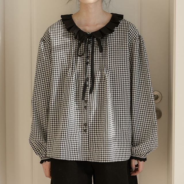 V-Neck Plaid Blouse with Ruffle Trim and Long Sleeves