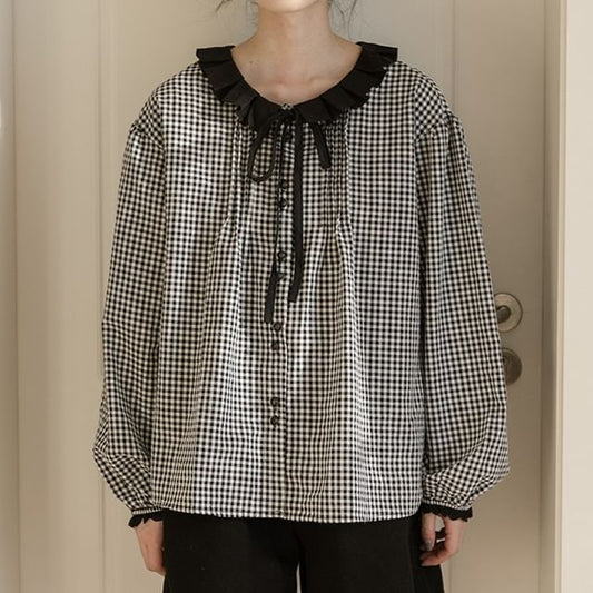 V-Neck Plaid Blouse with Ruffle Trim and Long Sleeves