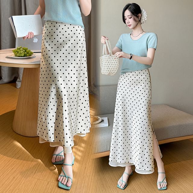 Mid Rise Dotted Slit Maxi A-Line Skirt