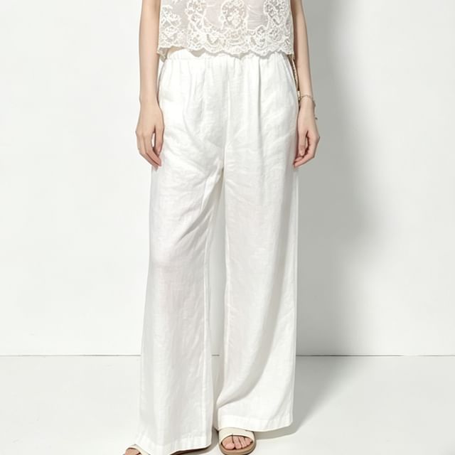 Sleeveless Round Neck Plain Lace Panel Top / Elastic Waist Plain Wide Leg Pants