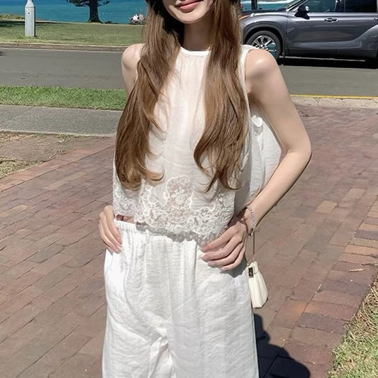 Sleeveless Round Neck Plain Lace Panel Top / Elastic Waist Plain Wide Leg Pants