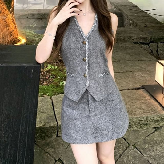 Set: Sleeveless V-Neck Plain Button Up Vest + Mid Rise Mini A-Line Skirt