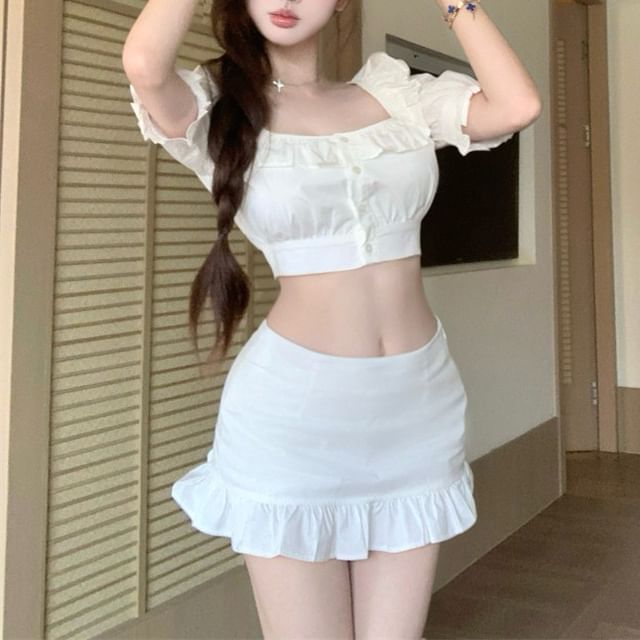 Short-Sleeve Square Neck Plain Ruffle Trim Crop Blouse / Mid Rise Plain Mini Pencil Skirt