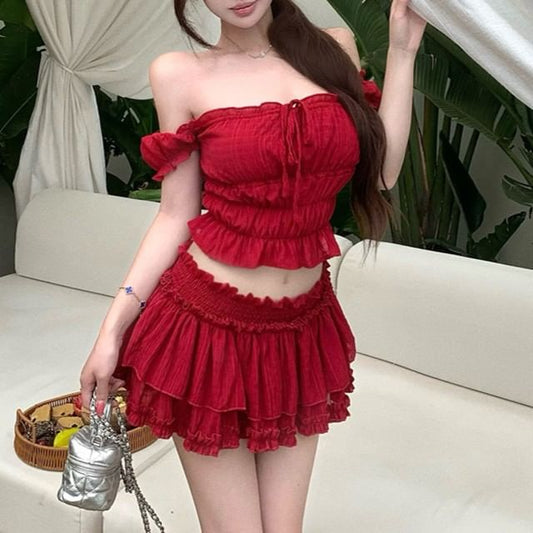 Off Shoulder Crop Top with Ruffle Trim and Mini A-Line Skirt
