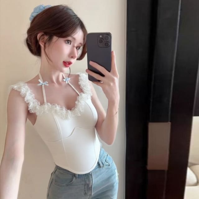 Short-Sleeve Cold Shoulder Plain Lace Trim Crop Top