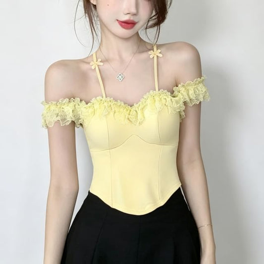 Short-Sleeve Cold Shoulder Plain Lace Trim Crop Top