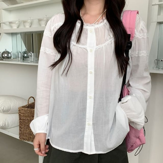 Long-Sleeve Crew Neck Lace Trim Button-Up Sheer Blouse