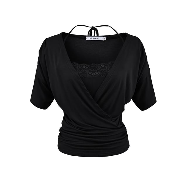V-Neck Plain Top and Lace Halter Crop Top Set