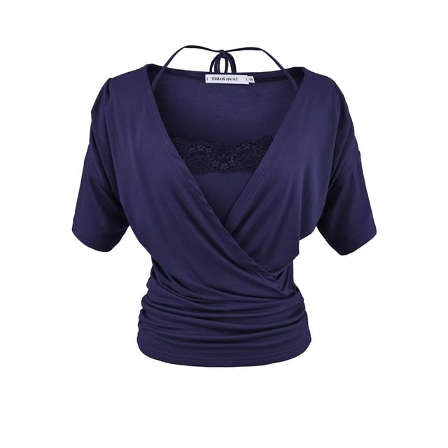 Set: Short-Sleeve V-Neck Plain Top + Halter Neck Lace Crop Top
