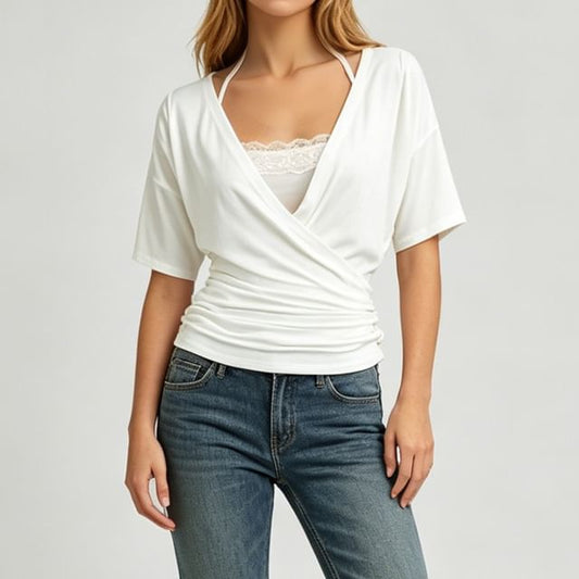 V-Neck Plain Top and Lace Halter Crop Top Set