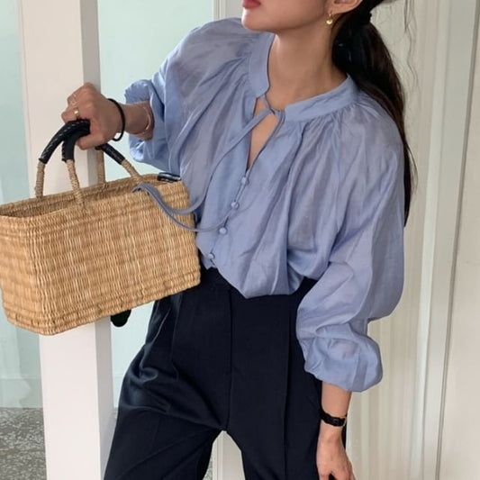 Tie Neck Long Sleeve Blouse in Solid Color