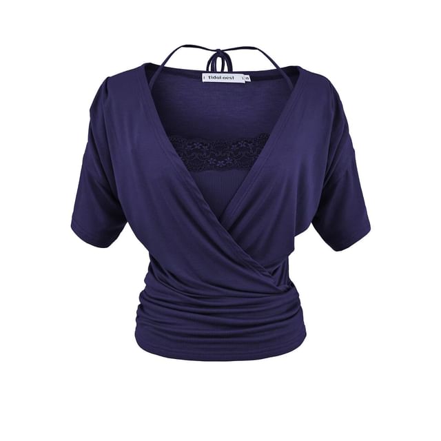 Set: Short-Sleeve V-Neck Plain Wrap Top + Halter Neck Lace Trim Crop Camisole Top