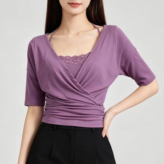 Set: Short-Sleeve V-Neck Plain Wrap Top + Halter Neck Lace Trim Crop Camisole Top