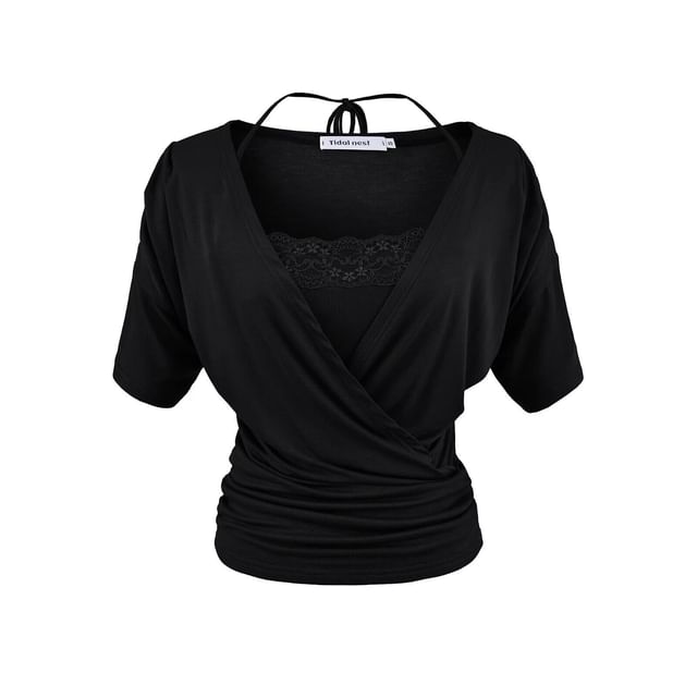Set: Short-Sleeve V-Neck Plain Wrap Top + Halter Neck Lace Trim Crop Camisole Top