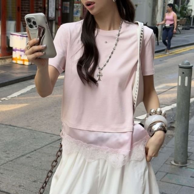 Short-Sleeve Crew Neck Lace Trim T-Shirt
