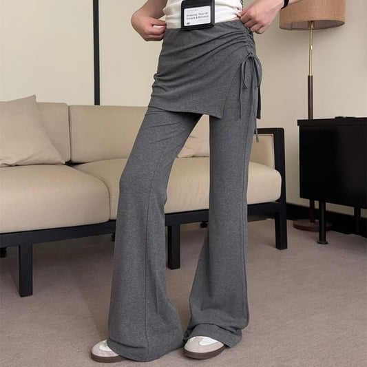 Mid Rise Plain Inset Drawstring Skirt Bootcut Pants