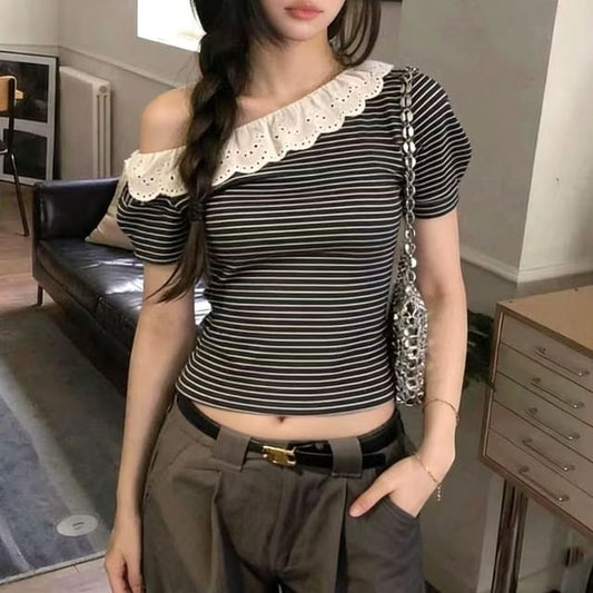 Off-Shoulder Striped Eyelet Lace Trim Crop T-Shirt