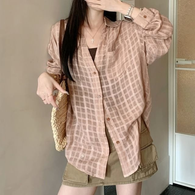 Plaid Button-Up Shirt / Mid Rise Washed Mini A-Line Cargo Skirt