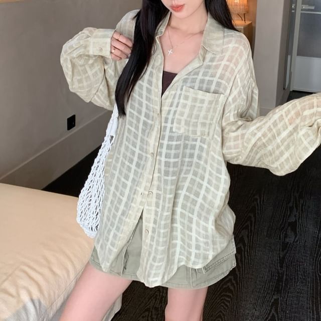 Plaid Button-Up Shirt / Mid Rise Washed Mini A-Line Cargo Skirt