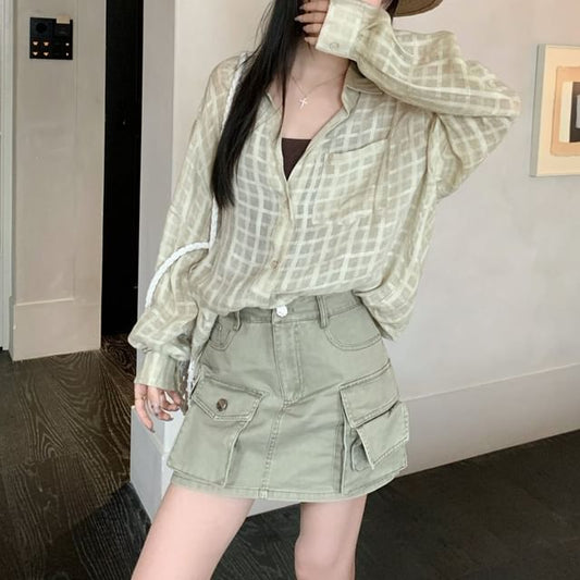 Plaid Button-Up Shirt / Mid Rise Washed Mini A-Line Cargo Skirt