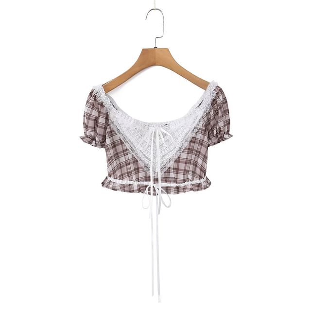 Puff Sleeve Lace Panel Plaid Crop Blouse