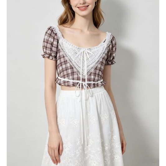 Puff Sleeve Lace Panel Plaid Crop Blouse