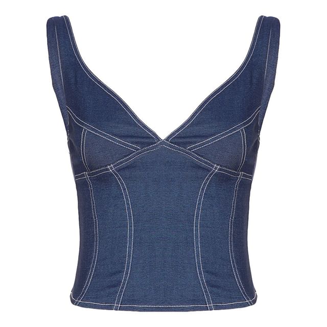 Faux Denim V-Neck Crop Tank Top with Low Waist Capri Pants