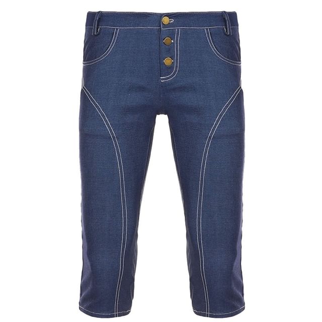 Faux Denim V-Neck Crop Tank Top with Low Waist Capri Pants