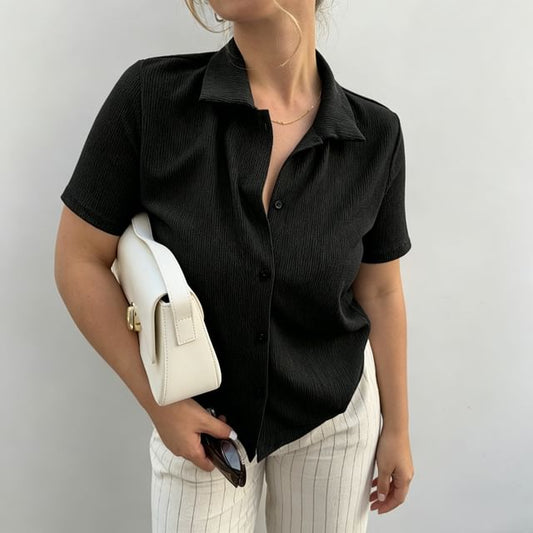 Textured Loose Fit Blouse with Short Sleeves in Solid