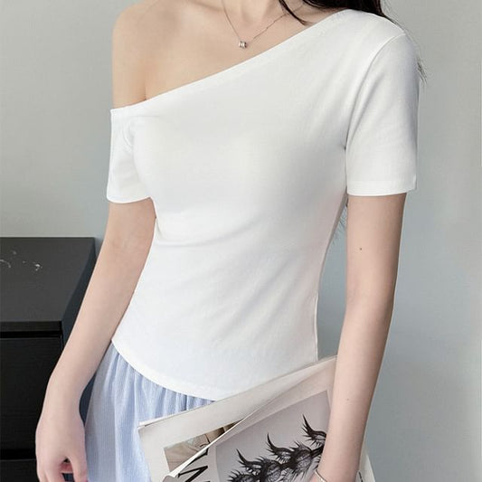 Off Shoulder Crop T-Shirt with Short Sleeves