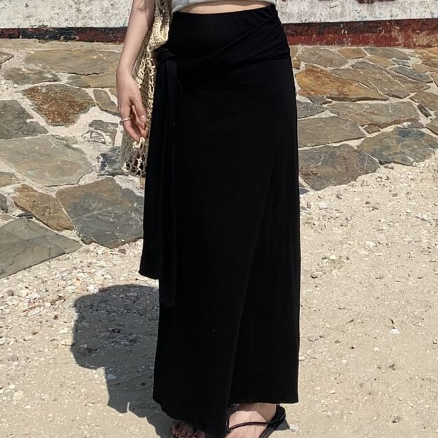 High Waist Tie Waist Plain Maxi Skirt