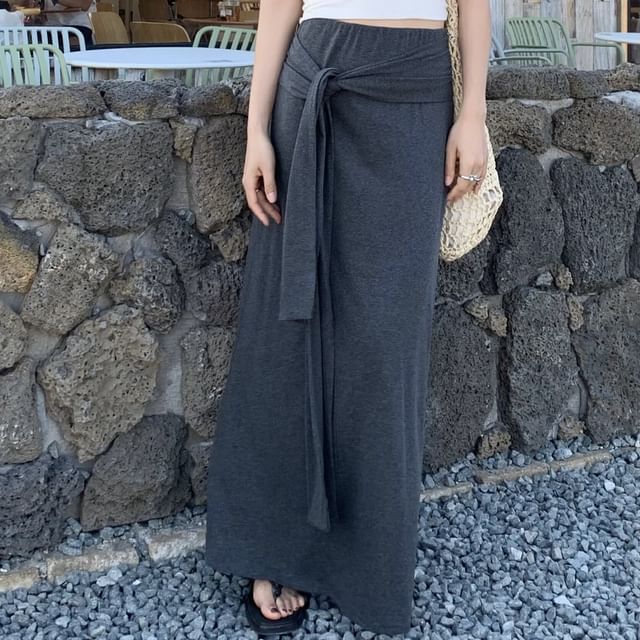 High Waist Tie Waist Plain Maxi Skirt