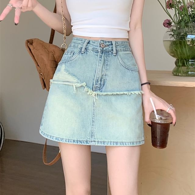 Mid Waist Washed Denim Mini A-Line Skirt
