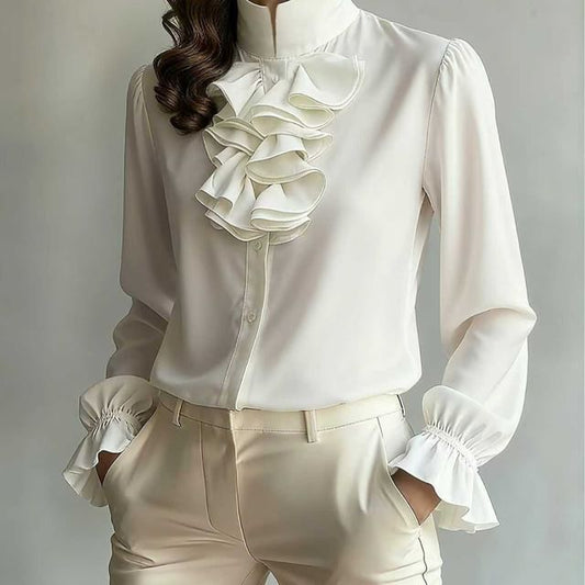 Stand Collar Ruffle Blouse with Long Sleeves in Solid