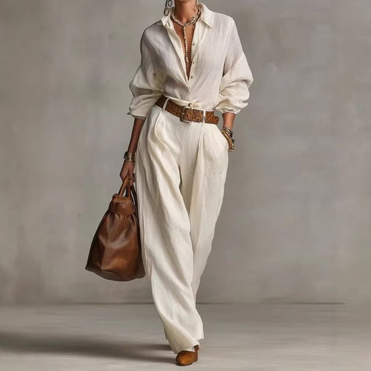 Collared Shirt and Wide Leg Pants Set for Women