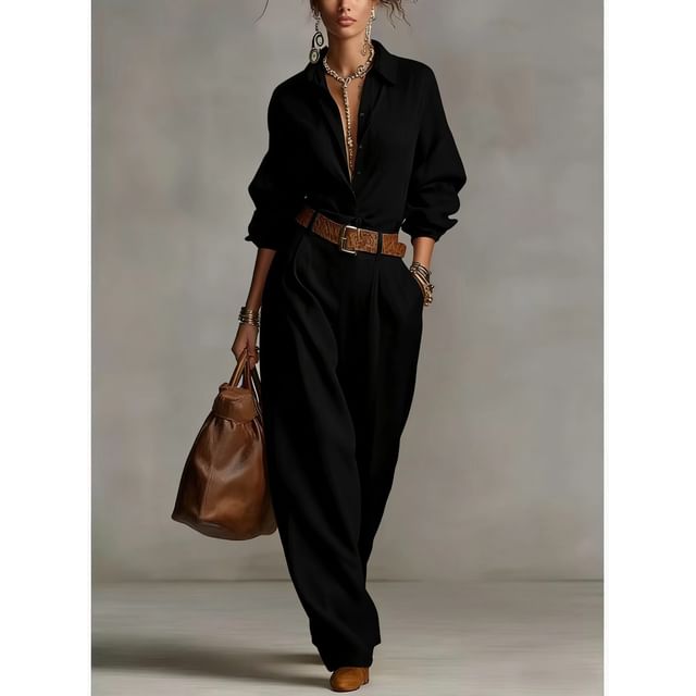 Collared Shirt and Wide Leg Pants Set for Women