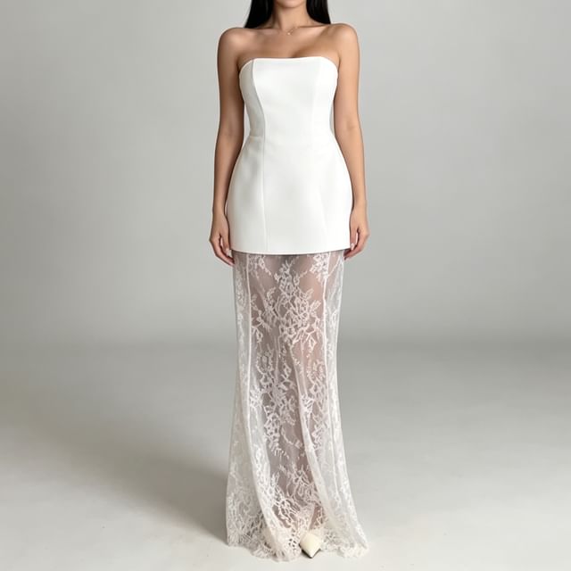 Set: Plain Mini A-Line Tube Dress + Lace Maxi Pencil Skirt
