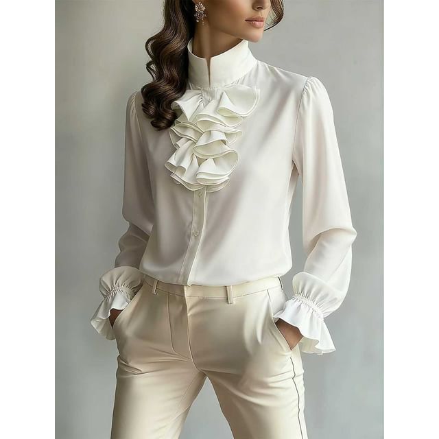 Stand Collar Ruffle Blouse with Long Sleeves in Solid