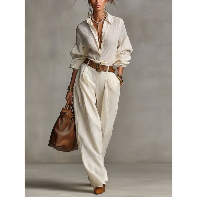 Collared Shirt and Wide Leg Pants Set for Women