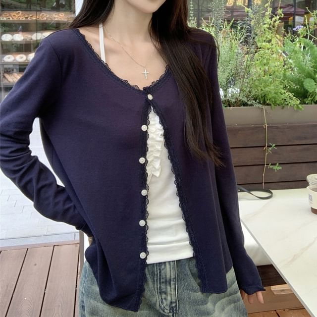 Halter Neck Plain Ruffle Trim Camisole Top / Plain Lace Trim Cardigan