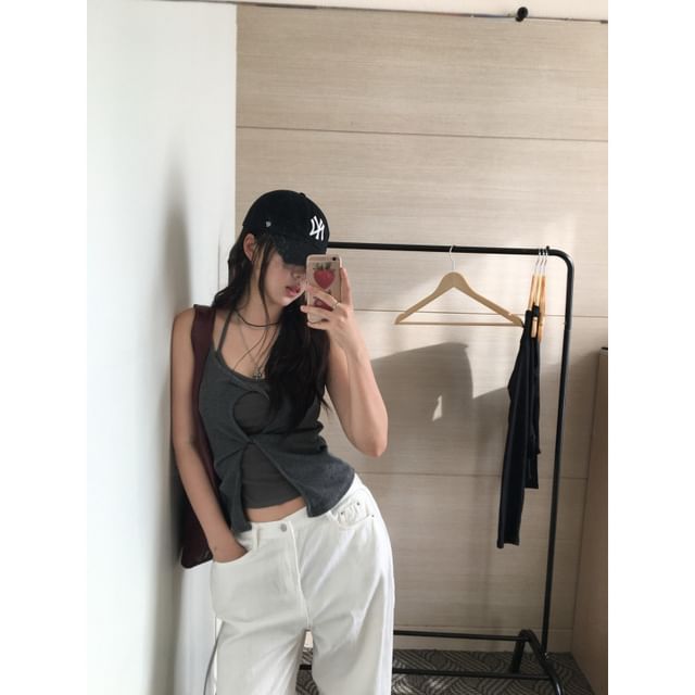 Scoop Neck Cutout Tank Top and Halter Top Set
