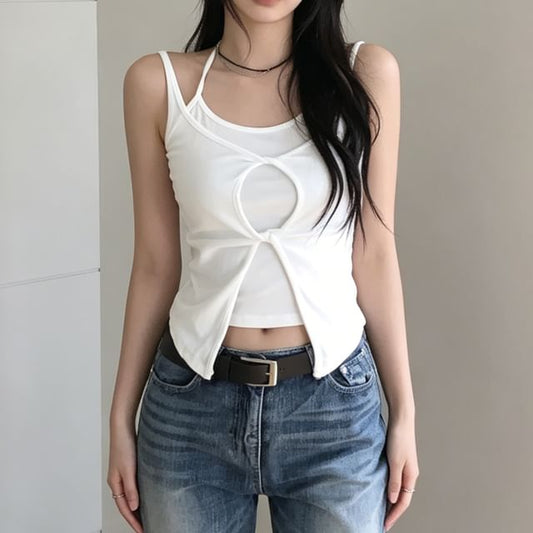 Scoop Neck Cutout Tank Top and Halter Top Set