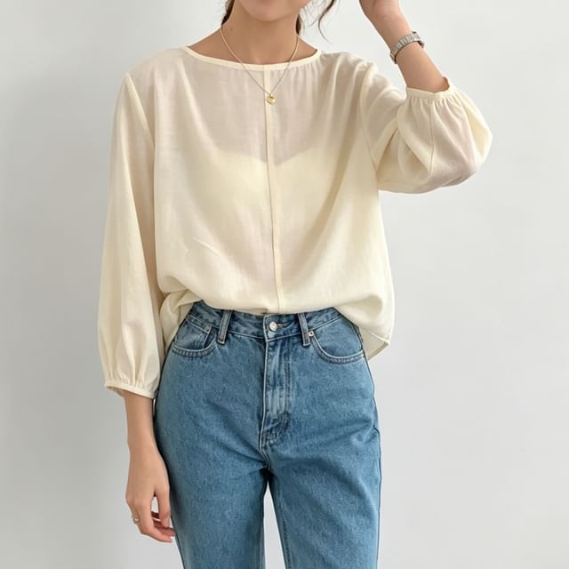 3/4 Sleeve Round Neck Top with Back Slit Detail