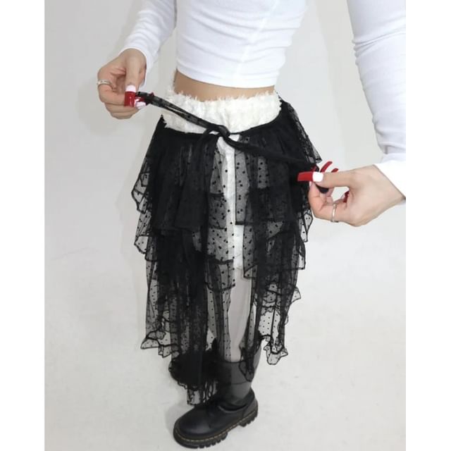 Tie Waist Dotted Ruffle Mesh Overlay Skirt