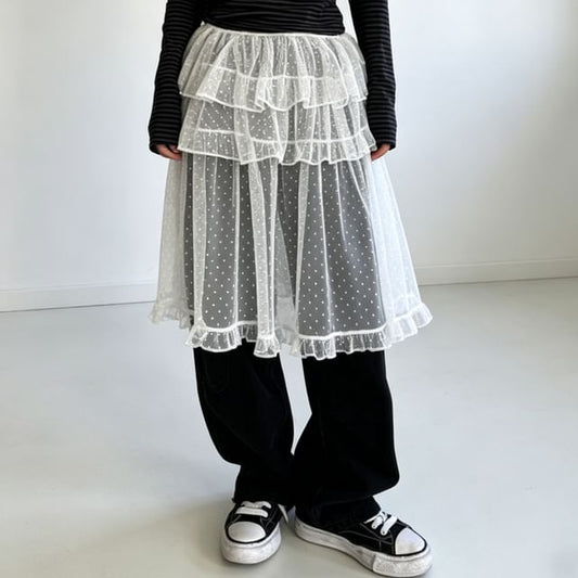 Tie Waist Dotted Ruffle Mesh Overlay Skirt