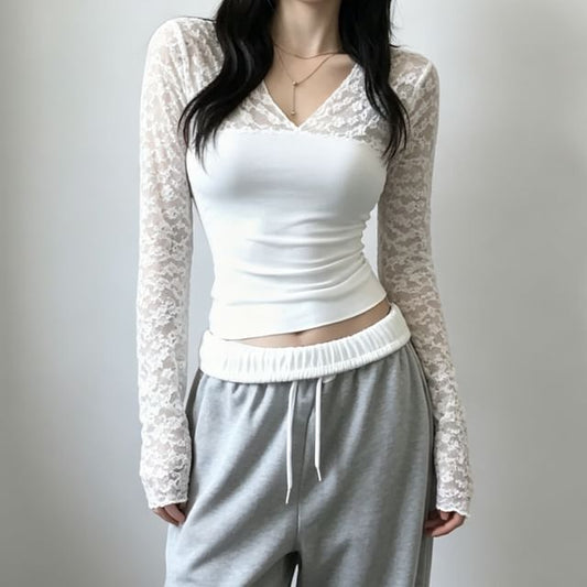 V-Neck Lace Panel Top with Long Sleeves in Solid Color