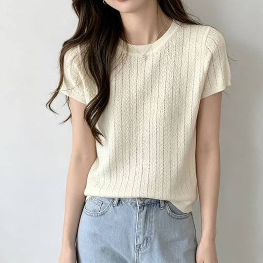 Short Sleeve Cable Knit Crew Neck Pullover